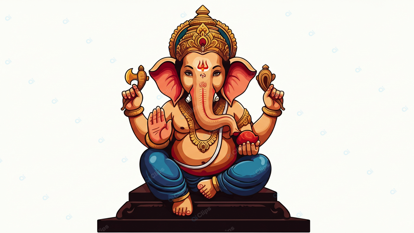 Ganesh Illustration with Traditional Symbols on Pedestal