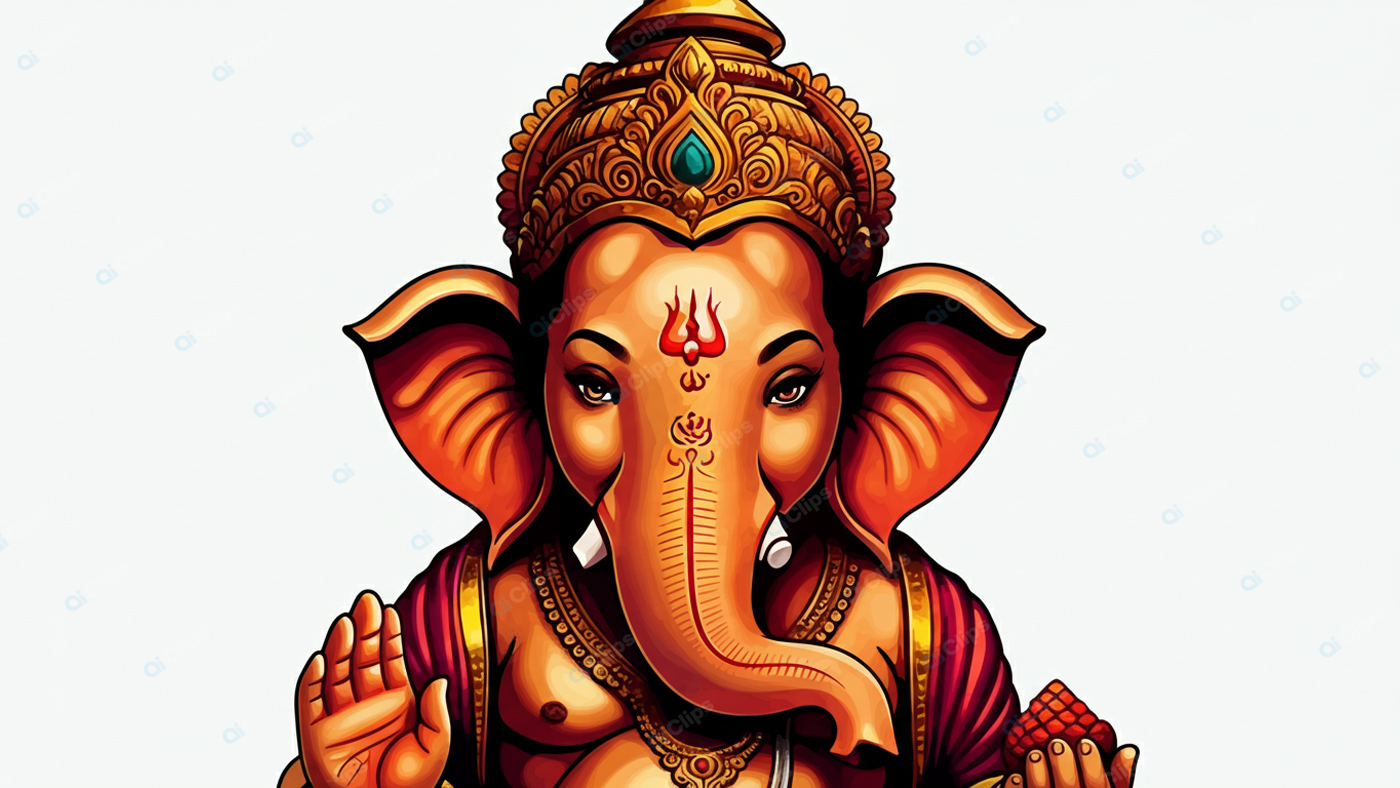 Ganesh Illustration with Traditional Crown and Symbols