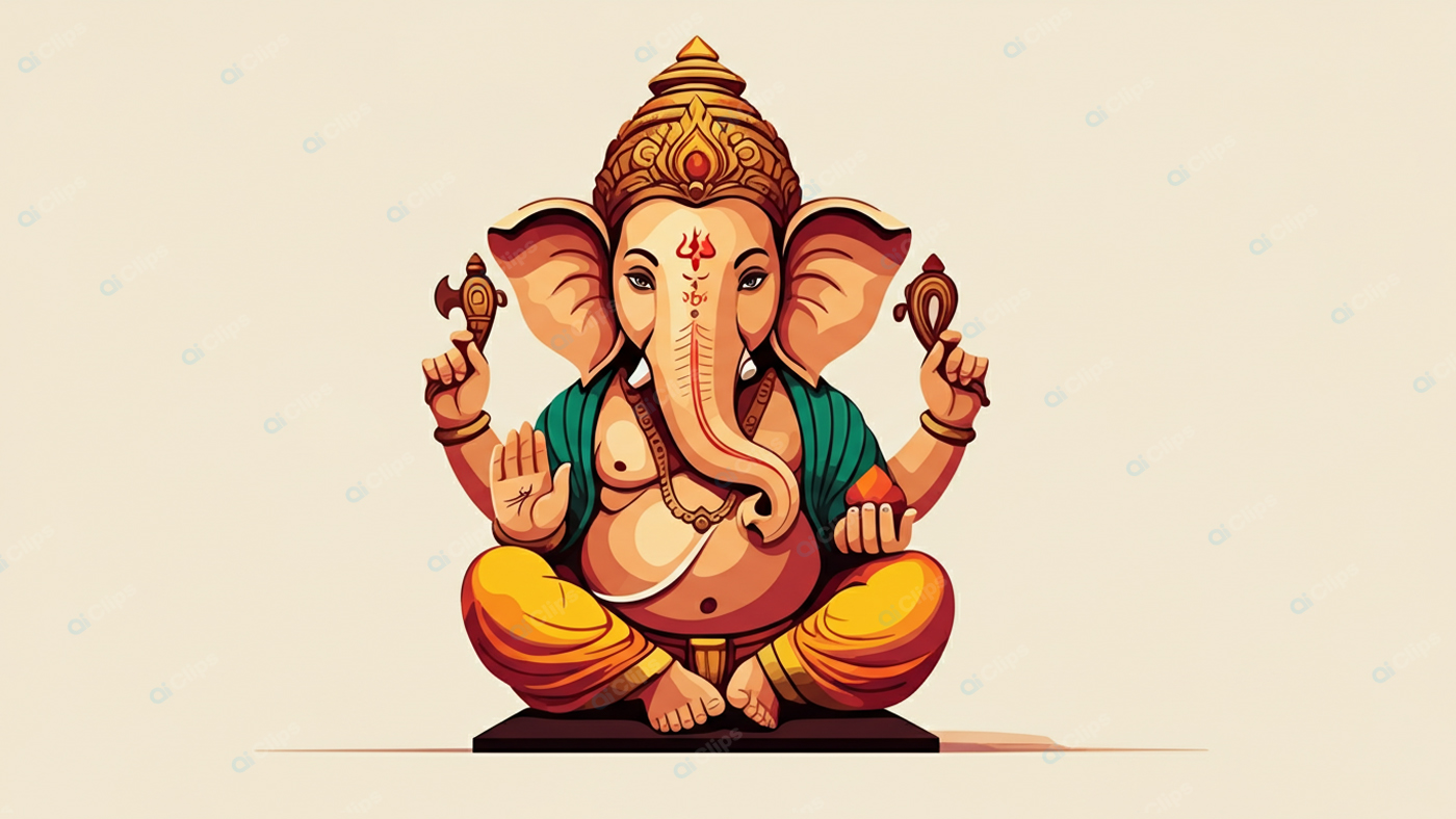 Ganesha Illustration with Traditional Attire and Symbols