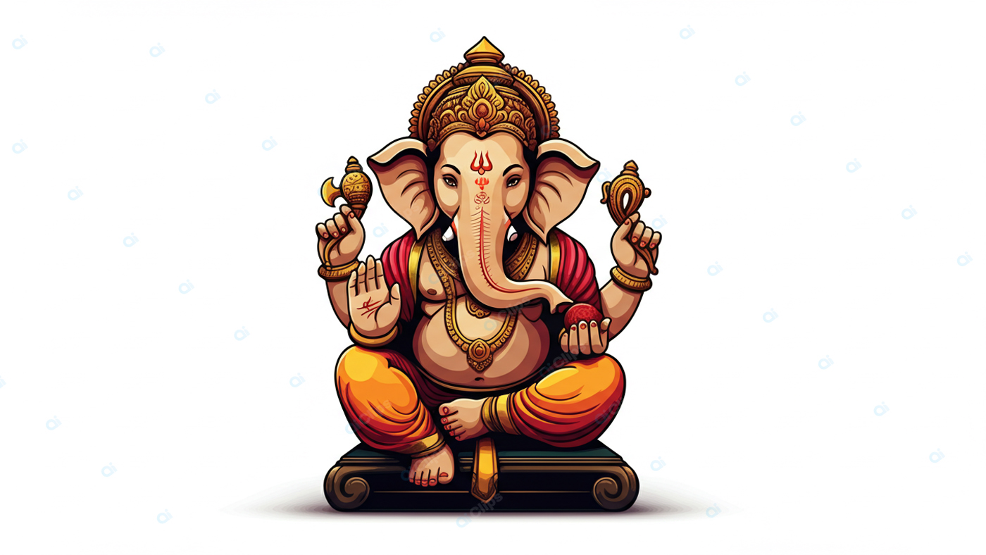 Ganesha Illustration with Traditional Ornaments and Symbols