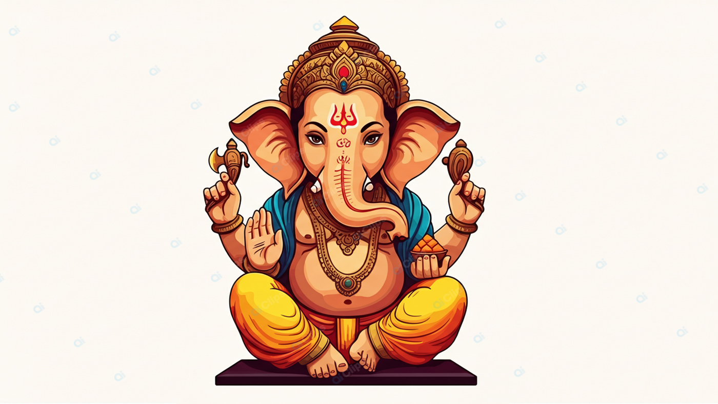 Vibrant Illustration of Lord Ganesha with Auspicious Symbols