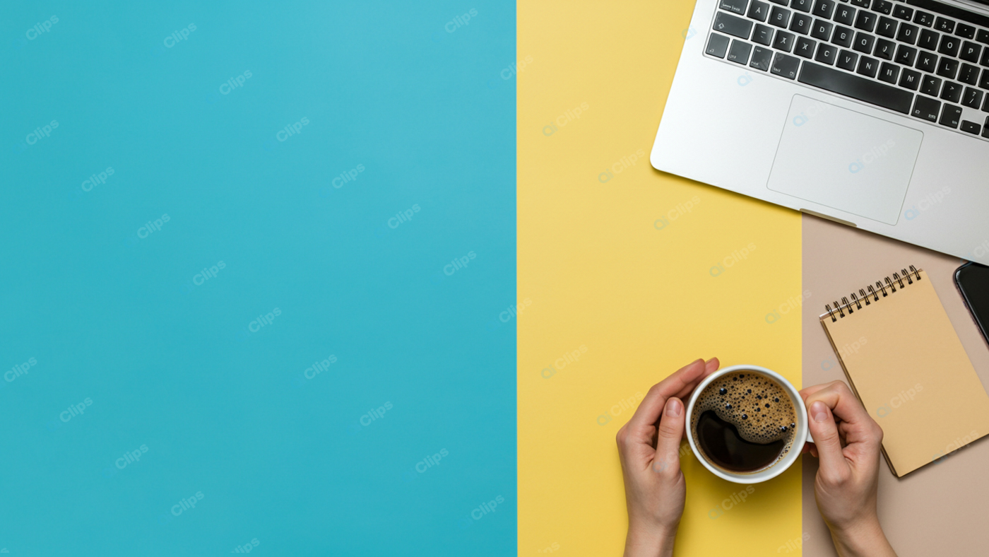 Work Desk with Coffee and Laptop on Colorful Background