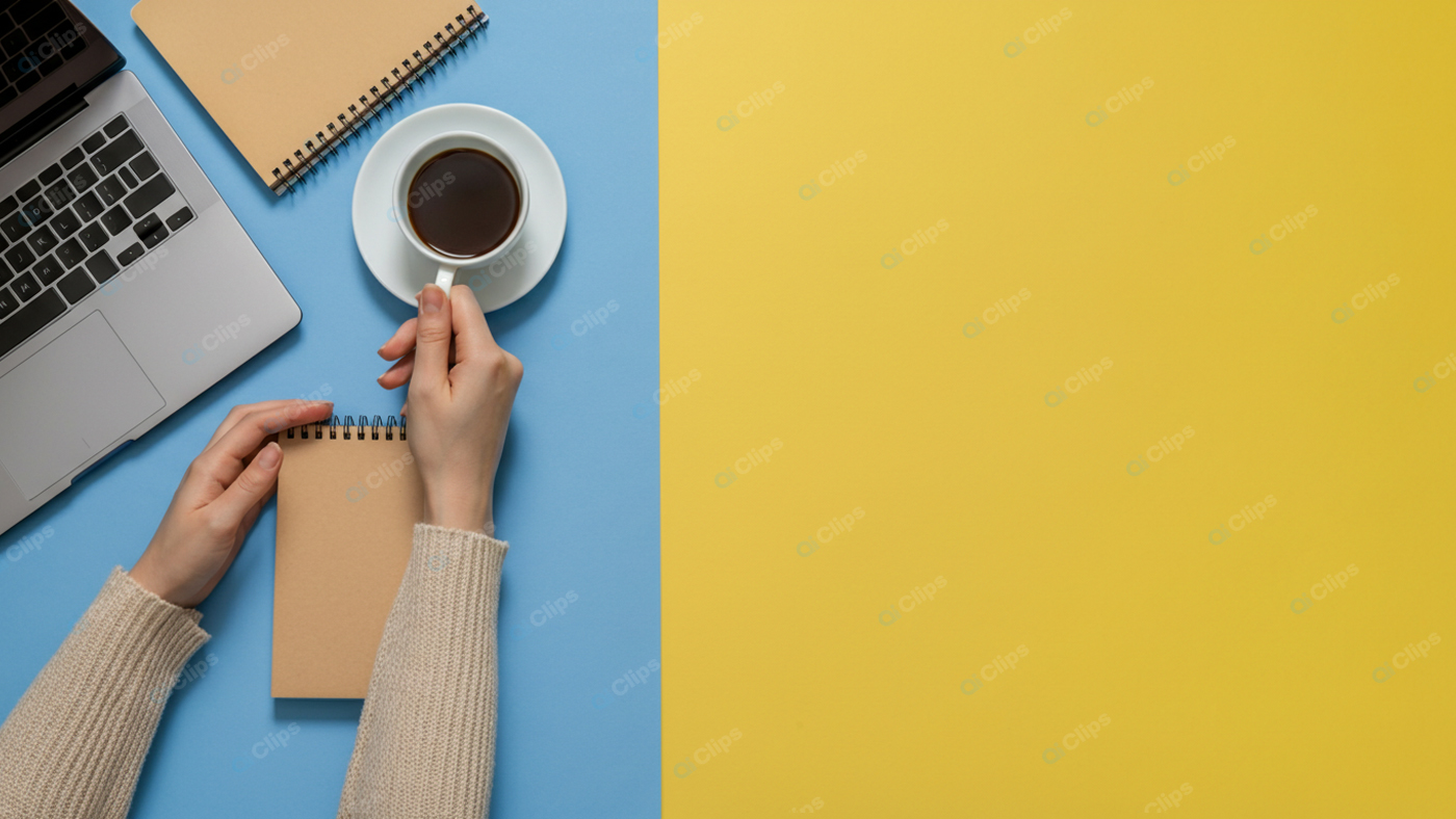 Workspace with Laptop, Coffee, and Notepads on Colorful Background
