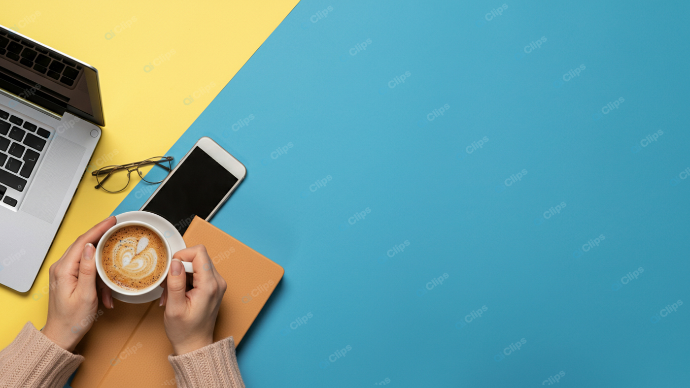 Workspace with Coffee, Laptop, and Smartphone on Bright Background
