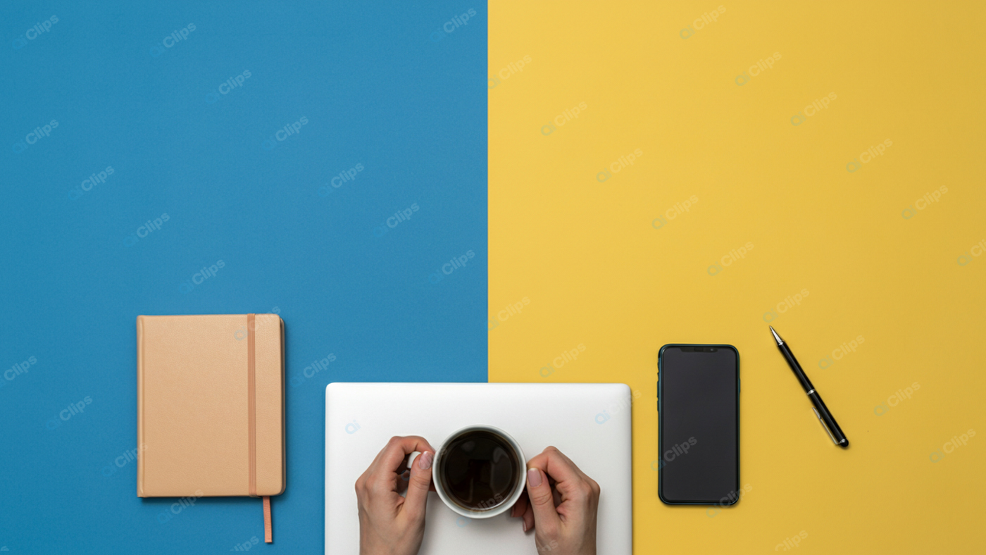 Coffee Break with Notebook, Smartphone, and Pen on Colorful Background