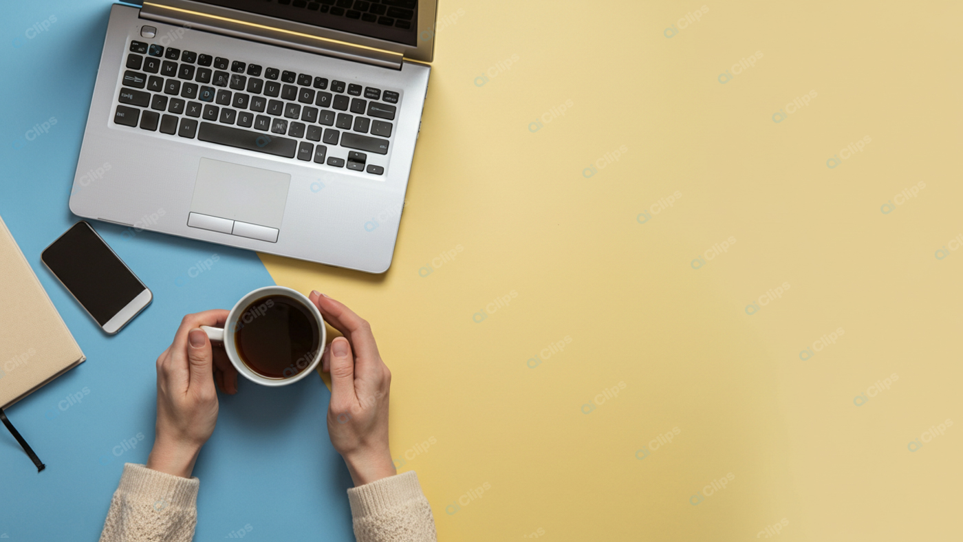 Laptop Workspace with Coffee and Smartphone on Colorful Background