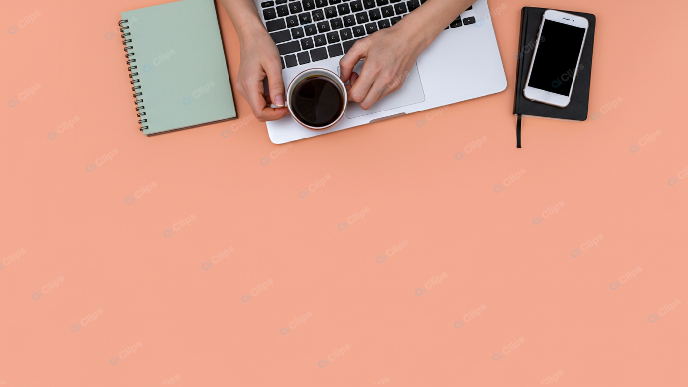 Minimal Workspace with Laptop, Coffee, and Notebooks on Peach Background