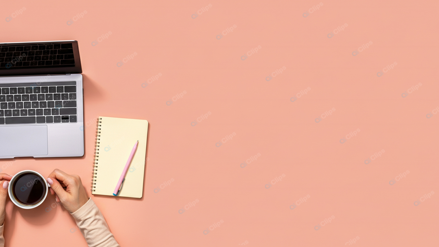 Workspace with Laptop, Notebook, and Coffee Mug on Peach Background