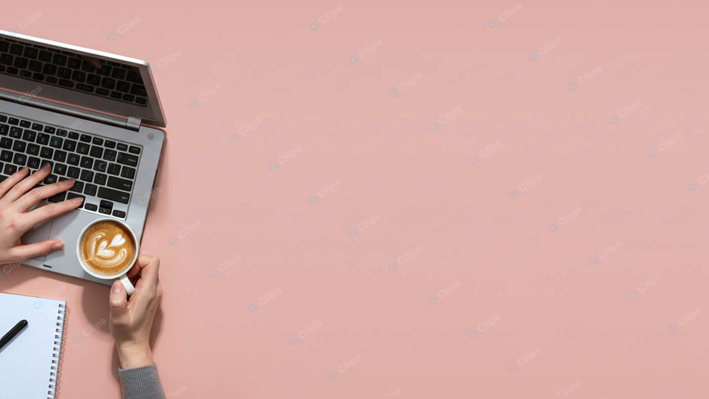 Laptop Workspace with Coffee on Pink Background