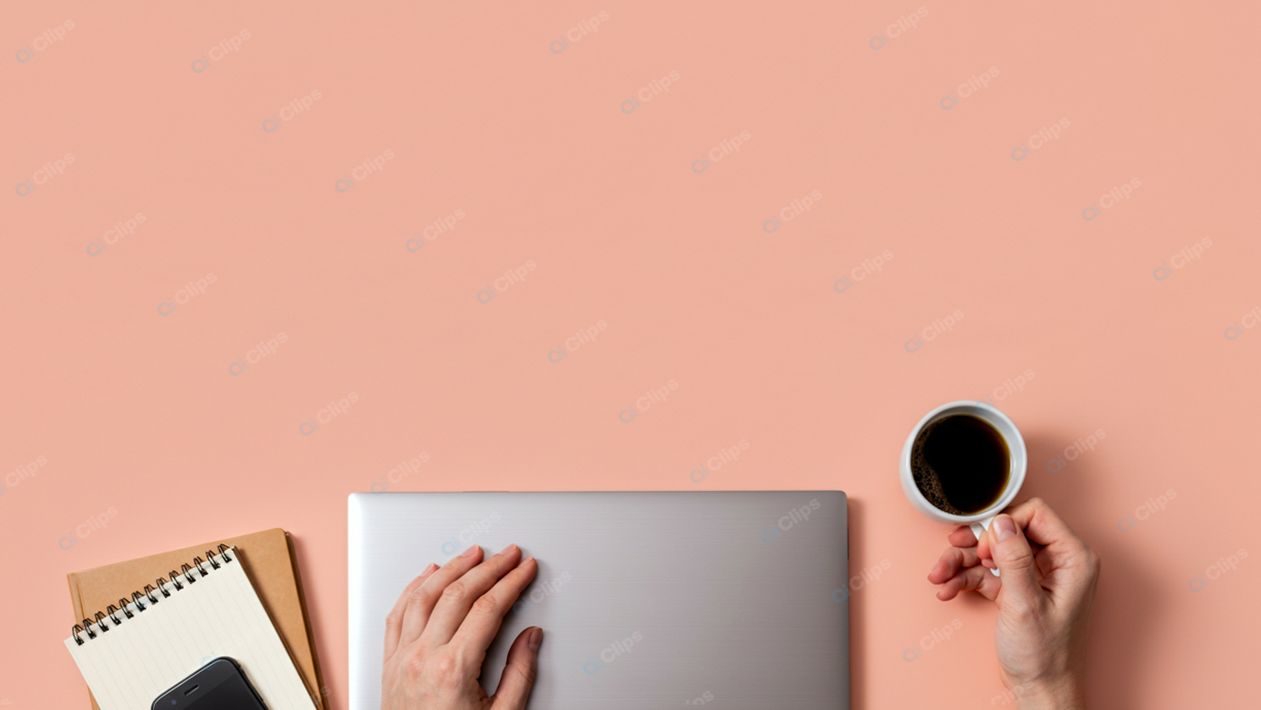 Laptop Workspace with Coffee and Notepad on Peach Background