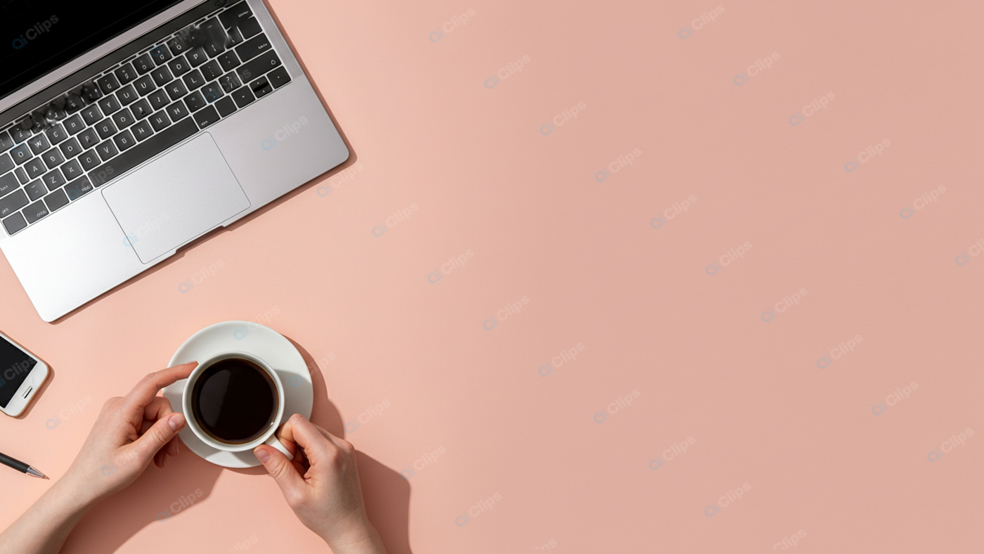 Laptop and Coffee Workspace on Peach Background