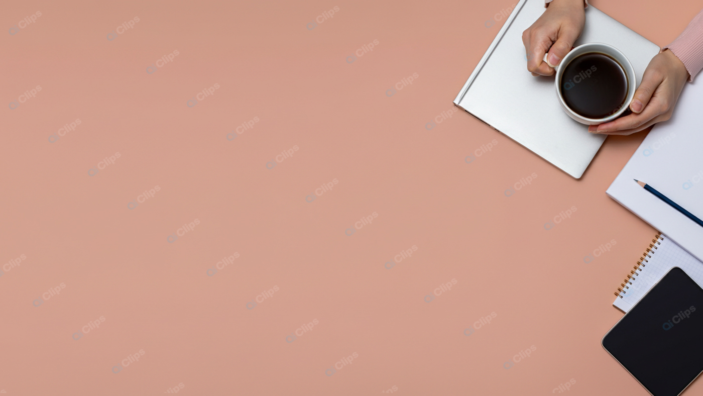 Office Desk with Coffee, Notebook, and Pencil on Peach Background