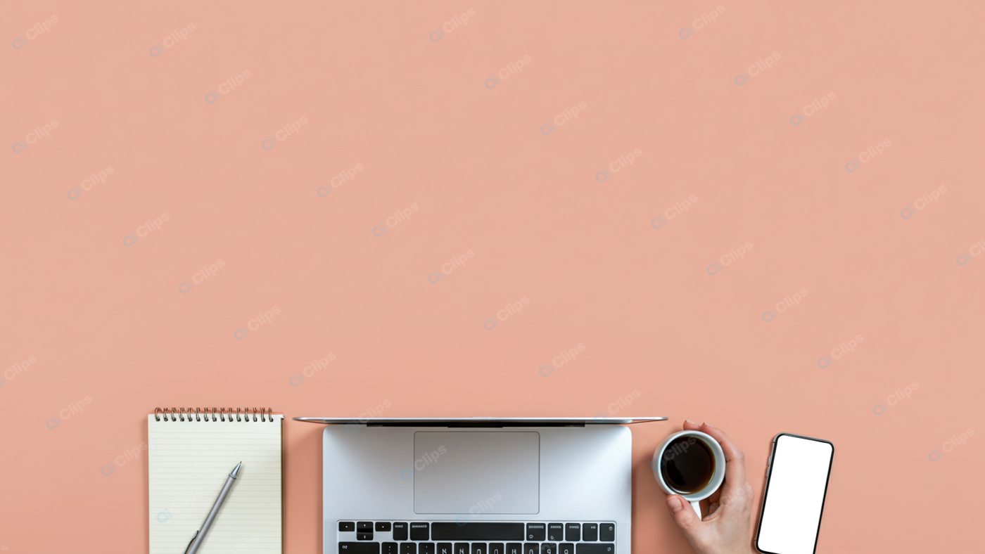 Laptop Workspace with Coffee, Smartphone, and Notepad on Peach Background