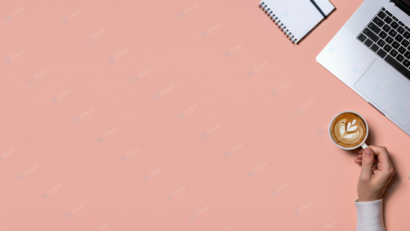 Laptop with Coffee Cup and Notebook on Pink Background