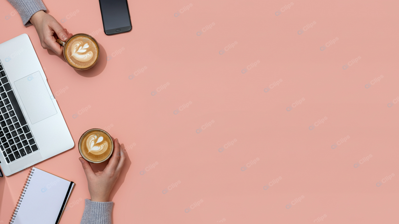 Laptop and Coffee Workspace on Pink Background