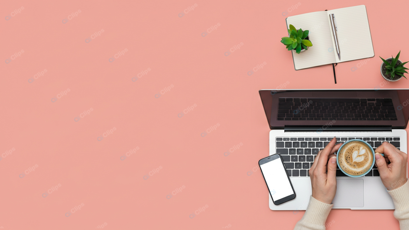 Laptop Workspace with Coffee, Smartphone, and Notebook on Pink Background