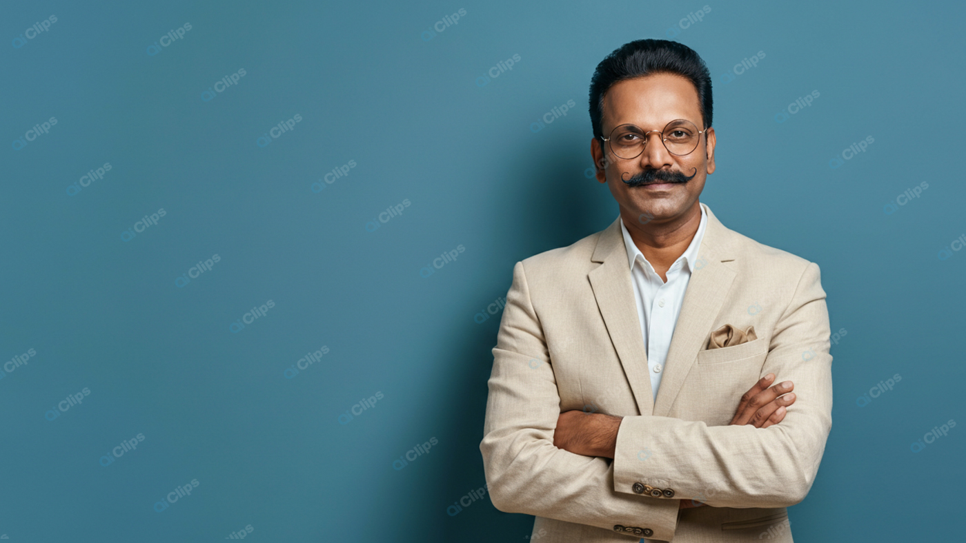Professional Man in Beige Suit with Crossed Arms on Blue Background