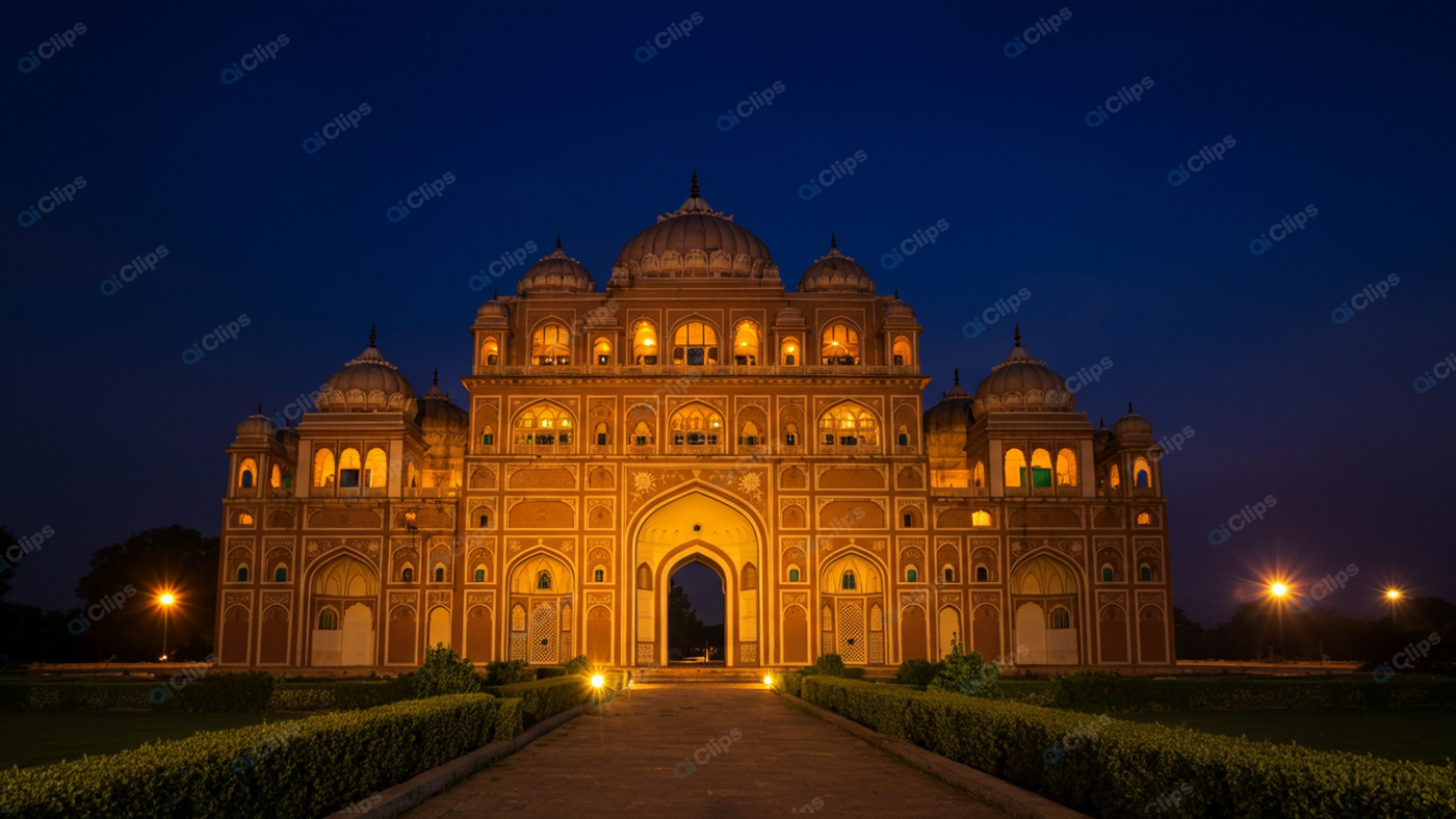 Illuminated Historic Palace at Night in India