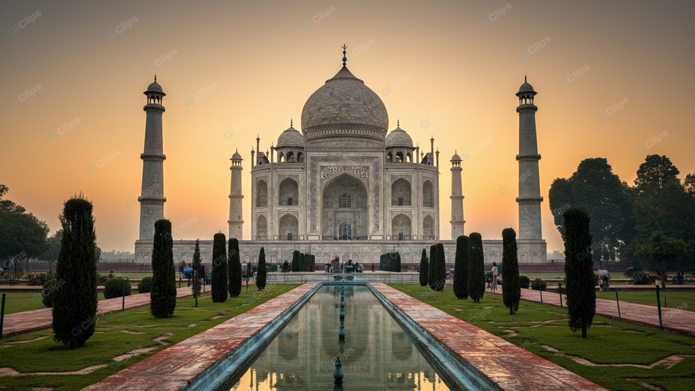 The Taj Mahal at Dawn with Mirror-Like Pool Reflection
