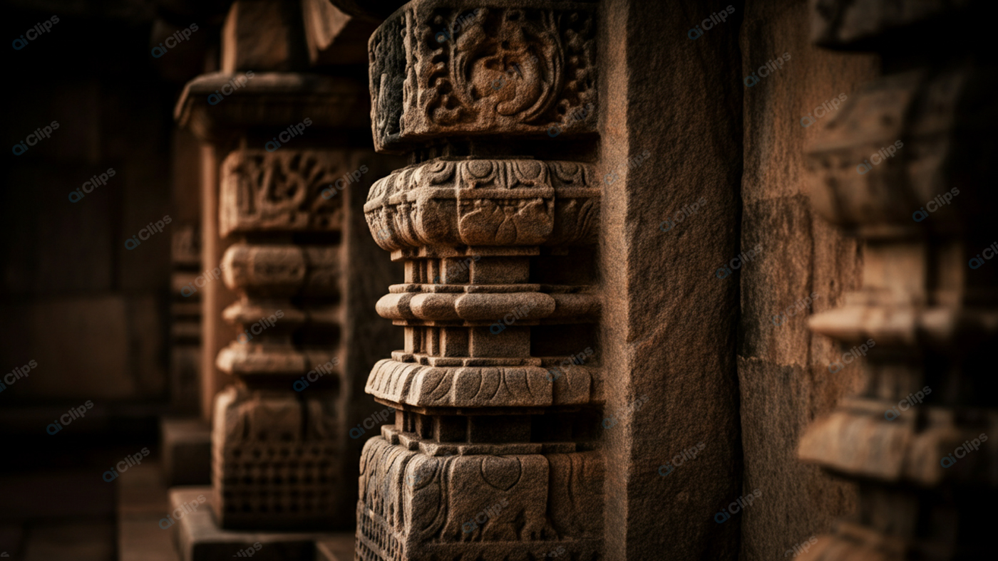 Intricately Carved Stone Pillars of Ancient Temple