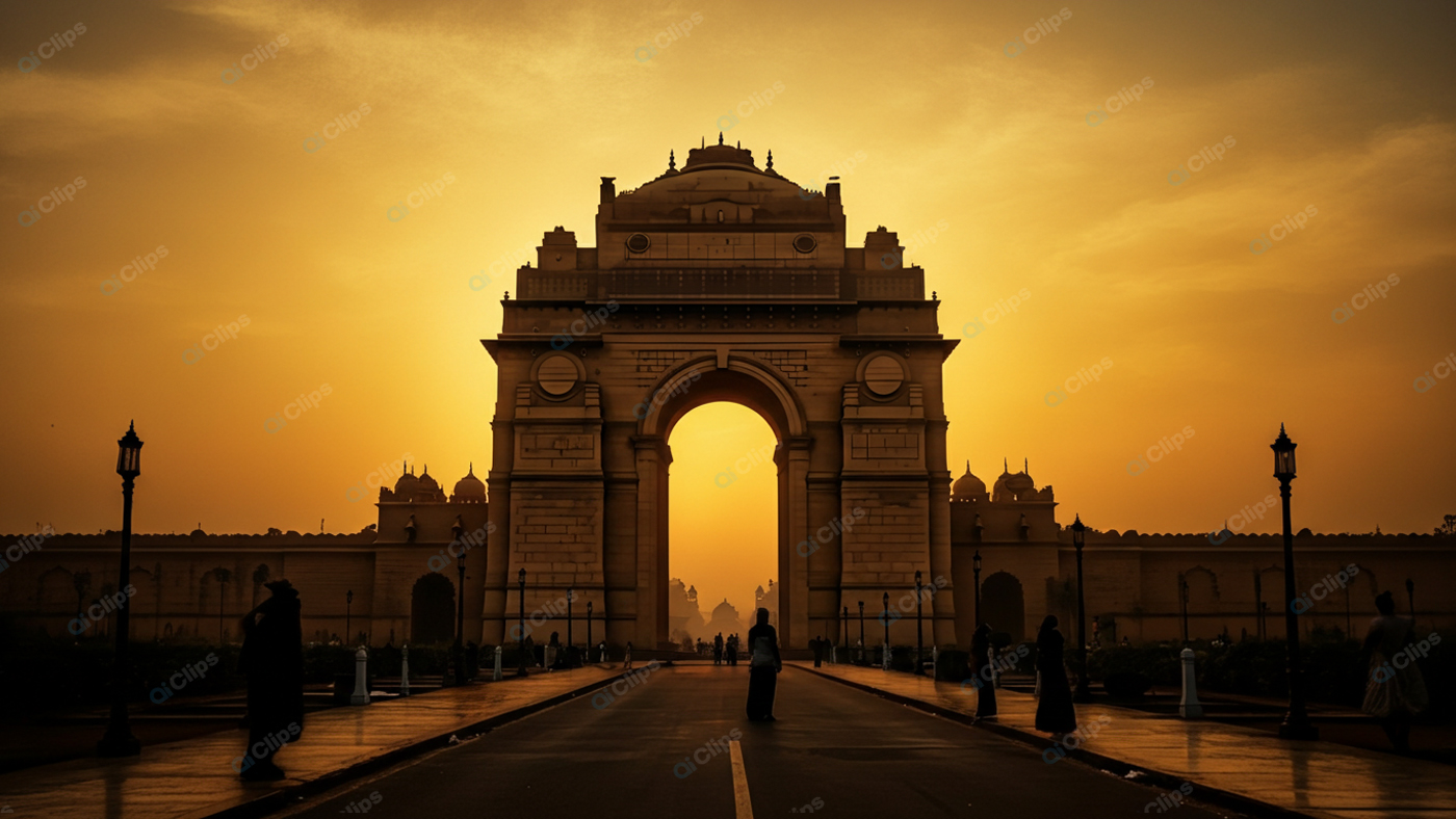 Sunset at Iconic Arch Monument with Silhouetted Visitors