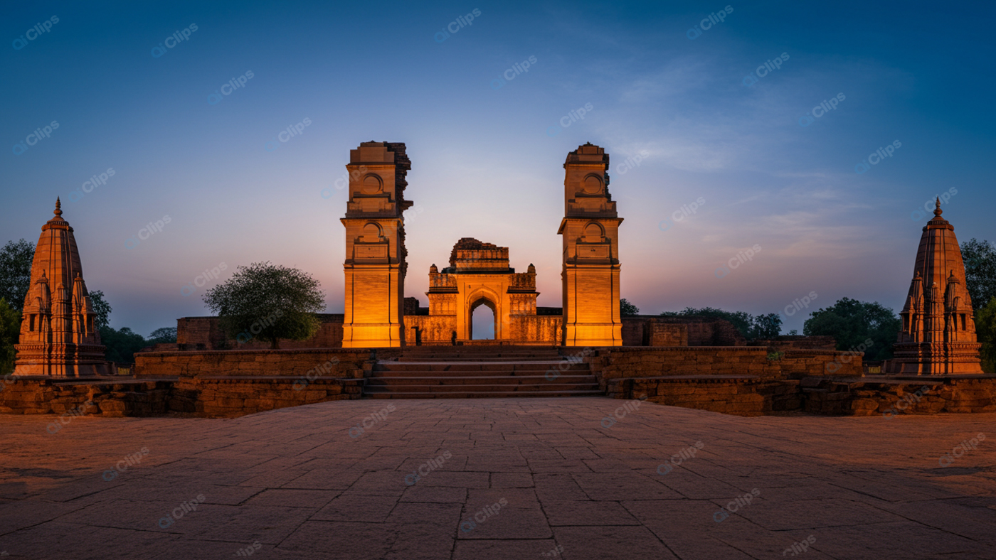 Sunset Over Ancient Indian Temple Ruins
