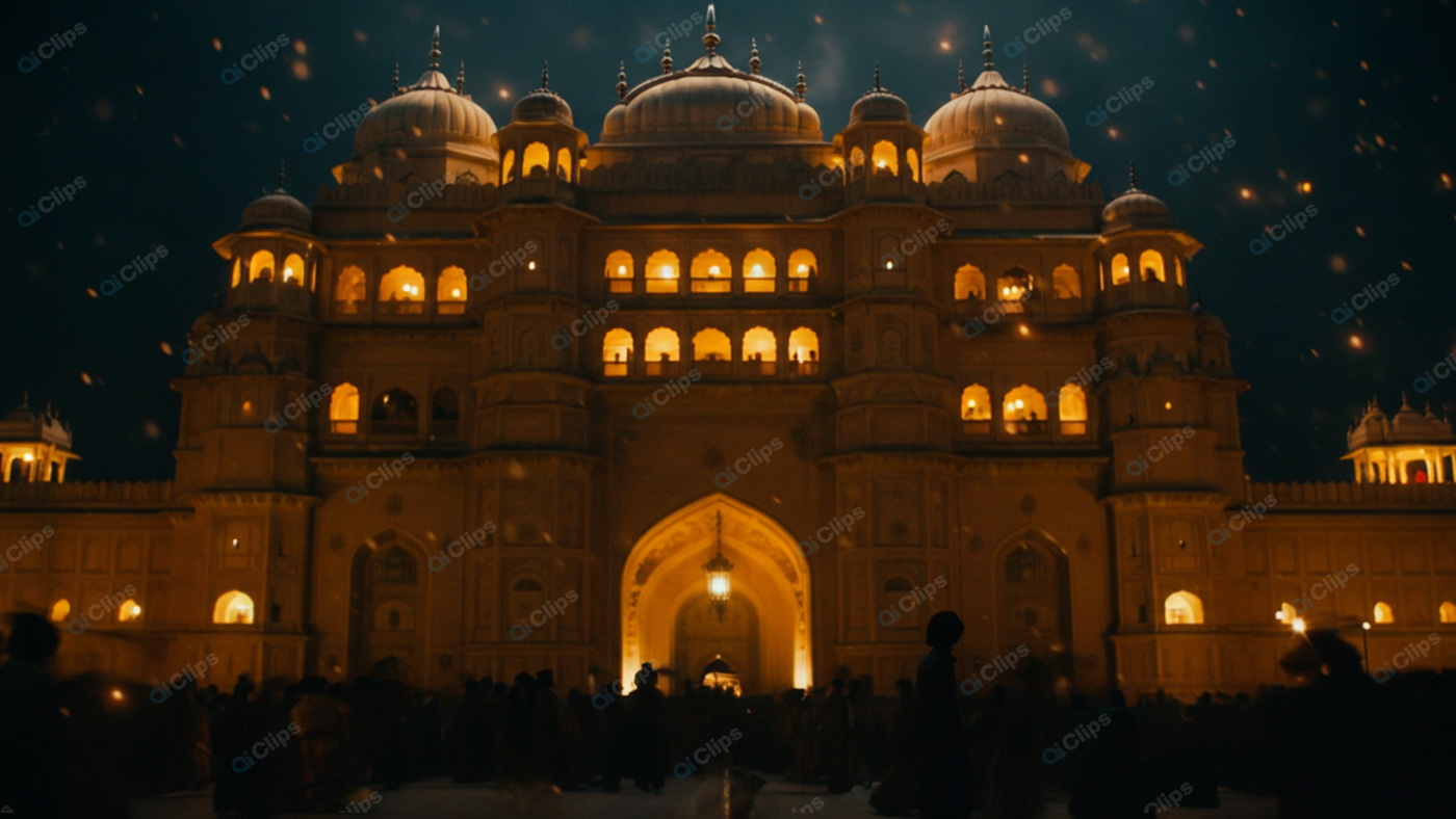 Illuminated Palace at Night with Crowds