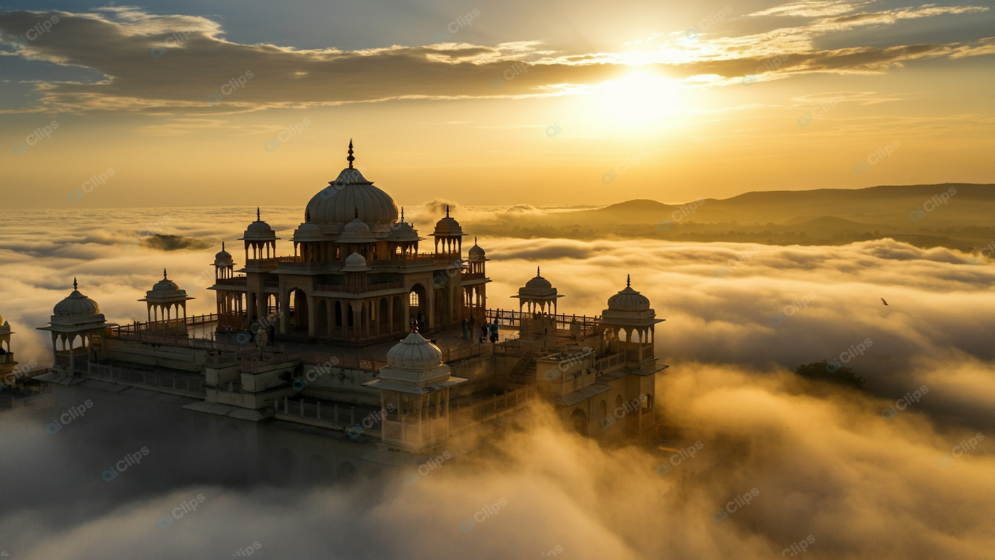 Sunrise Over Misty Palace with Horizon Clouds