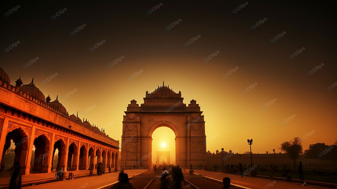 Sunset at Historic Gateway with Silhouetted Crowd