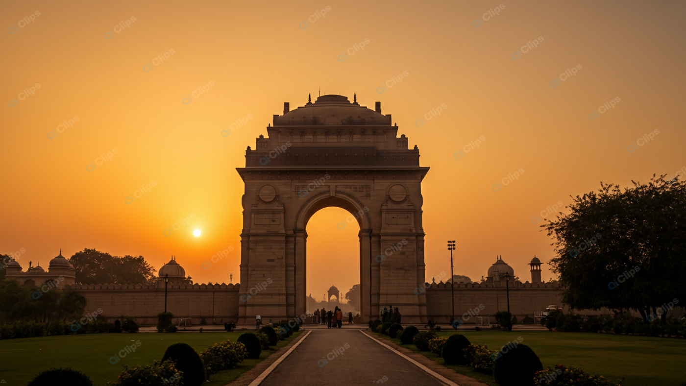 Sunset View of Historic Monument with Gardens