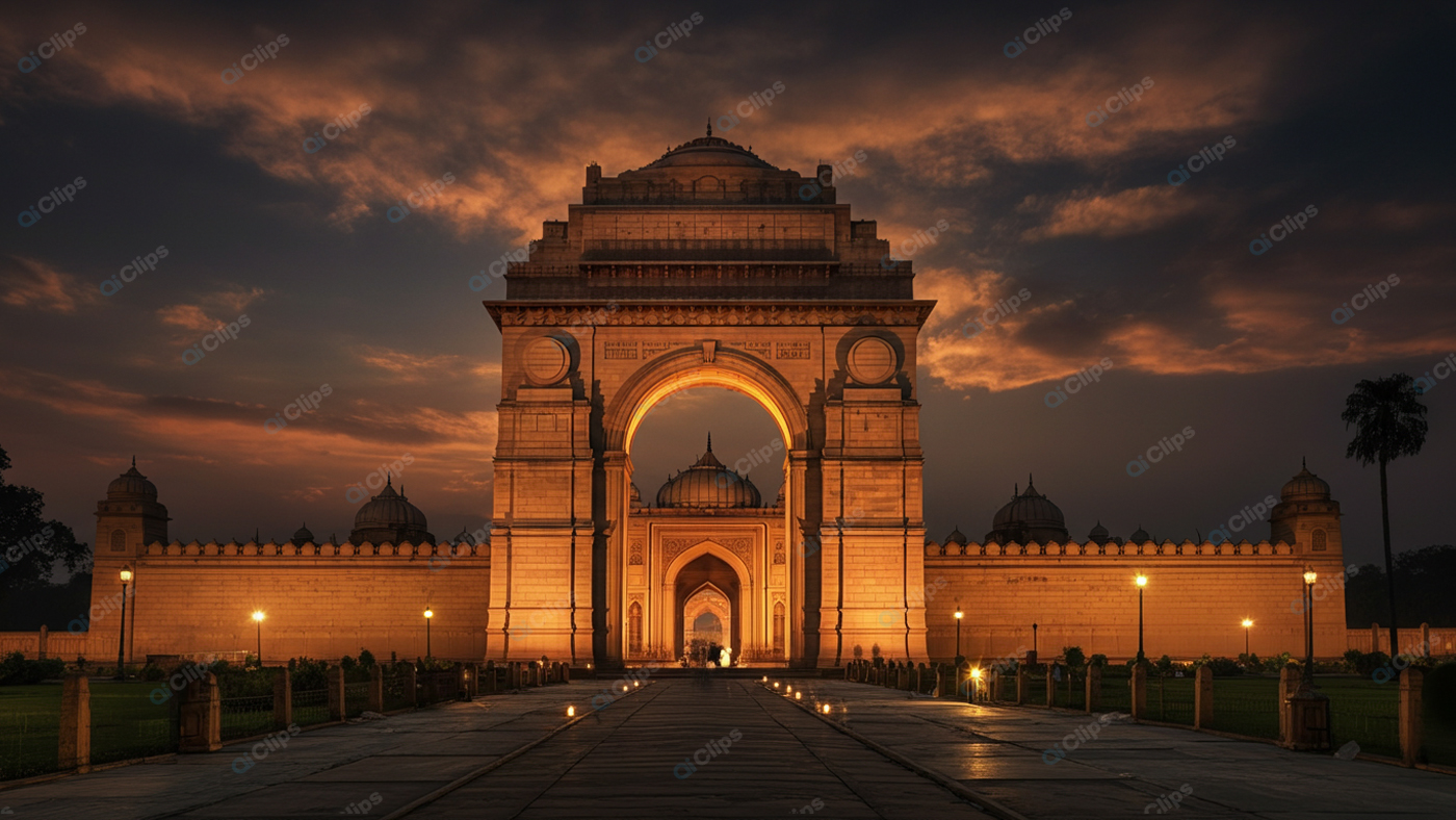 India Gate Illuminated at Sunset in New Delhi