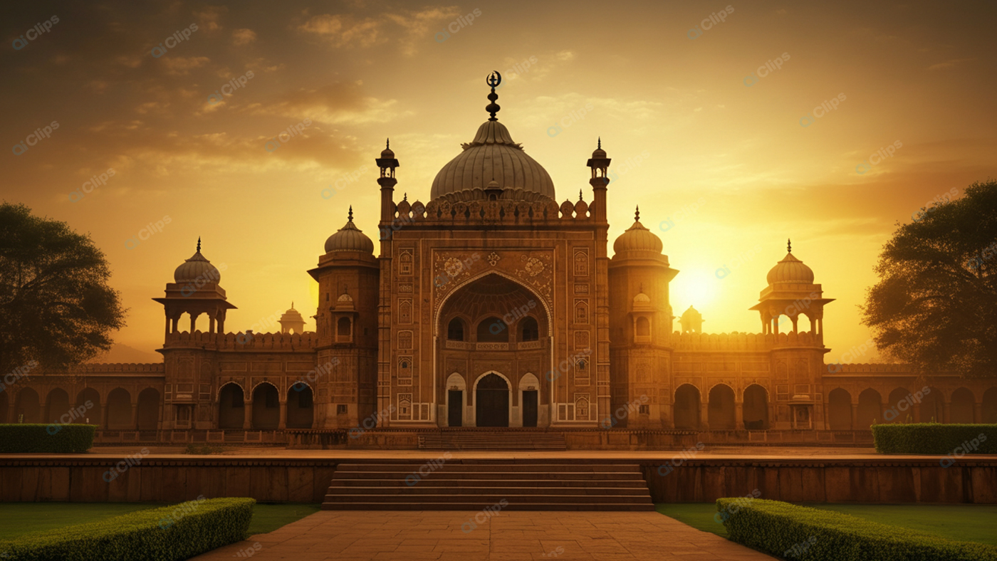 Sunset Silhouette of a Historic Mosque with Arches and Domes