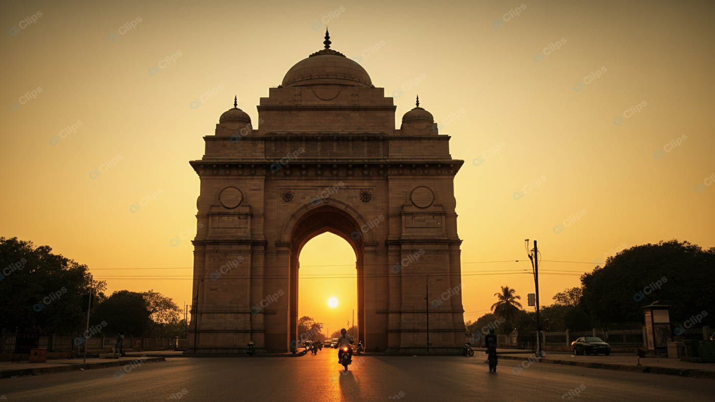 India Gate at Sunset with Motorcyclists
