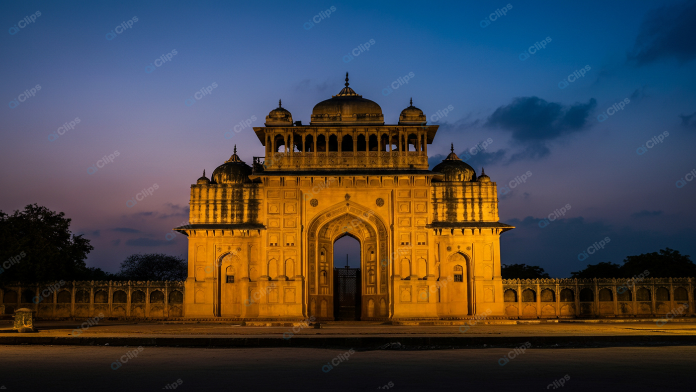 Illuminated Historical Gate at Sunset