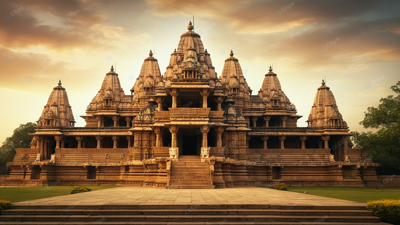 Ancient Temple at Sunset with Majestic Architecture