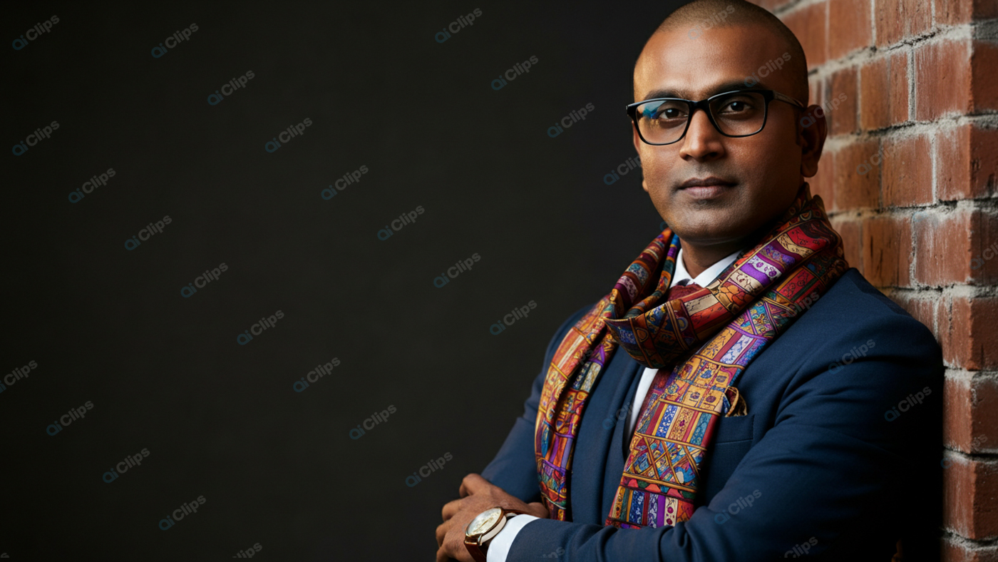 Professional Man in Colorful Scarf and Glasses by Brick Wall
