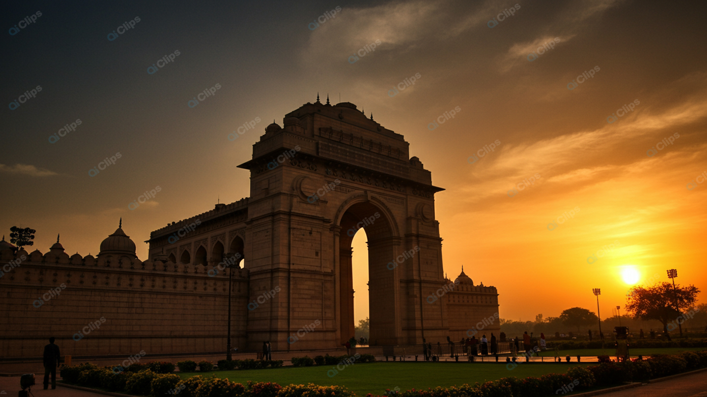Sunset at Iconic Monument Gateway with Silhouettes