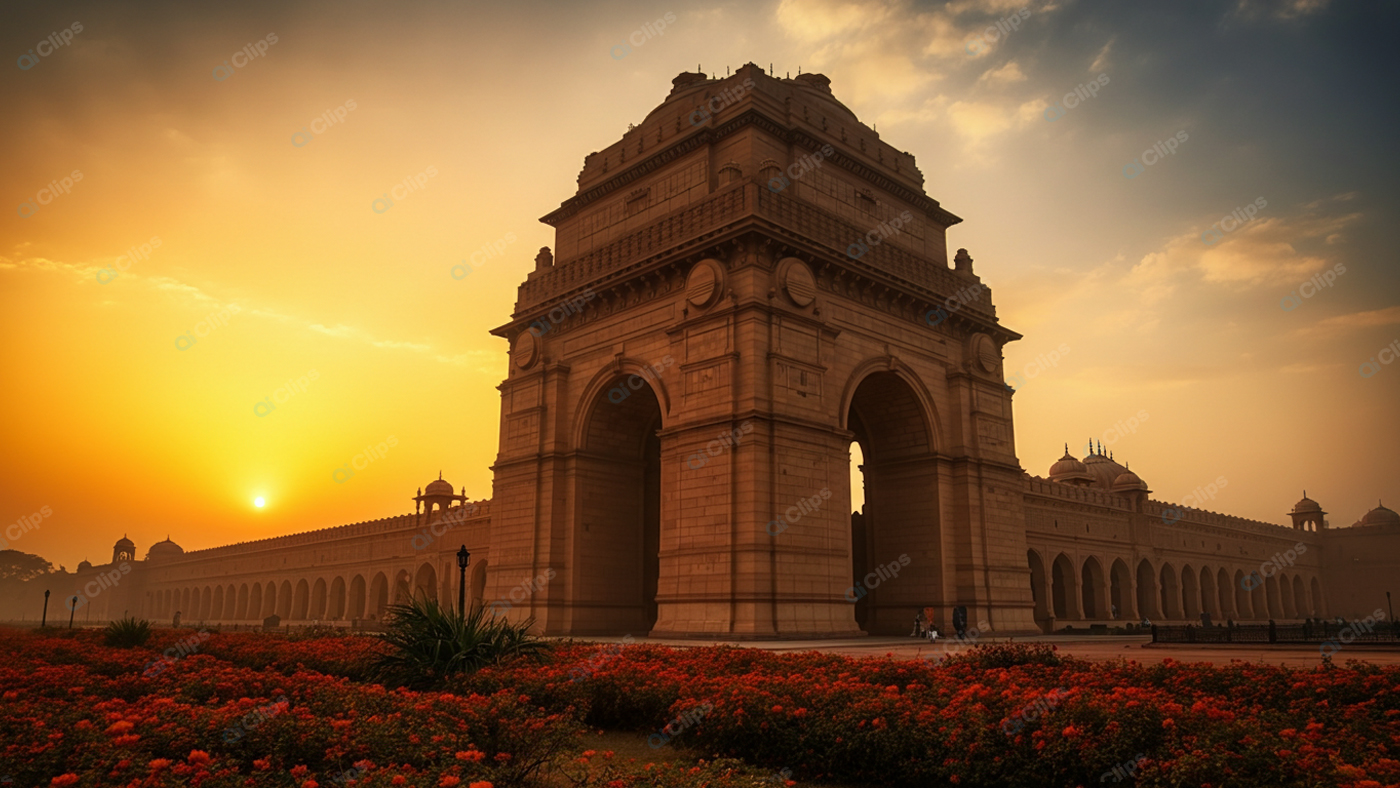 Sunset at India Gate Monument with Vibrant Flowers