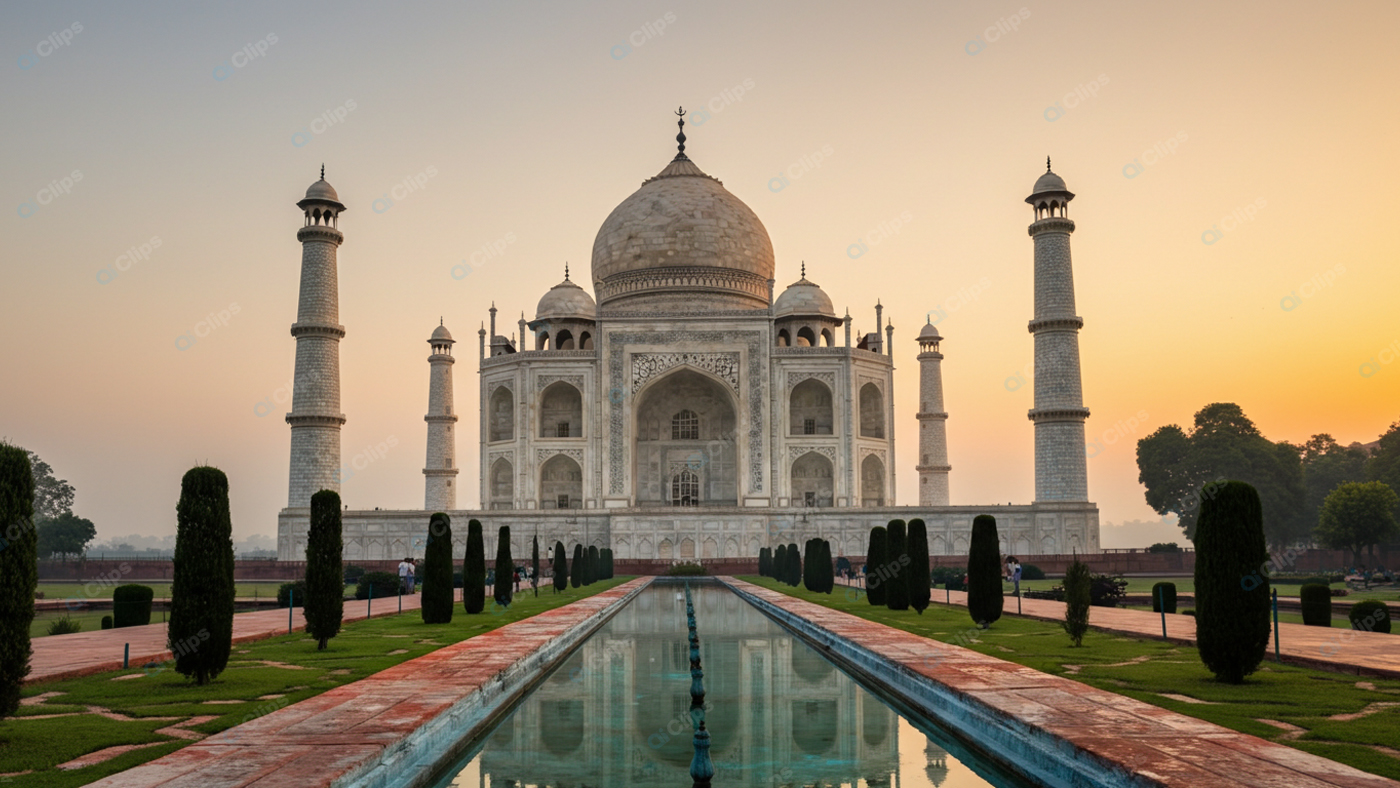 Taj Mahal at Sunrise with Reflection in Pool