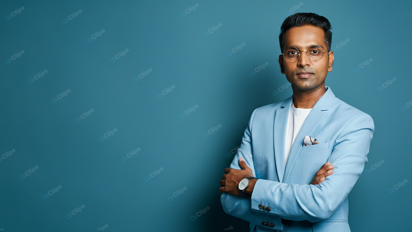 Professional Man in Blue Suit Standing Against Blue Background