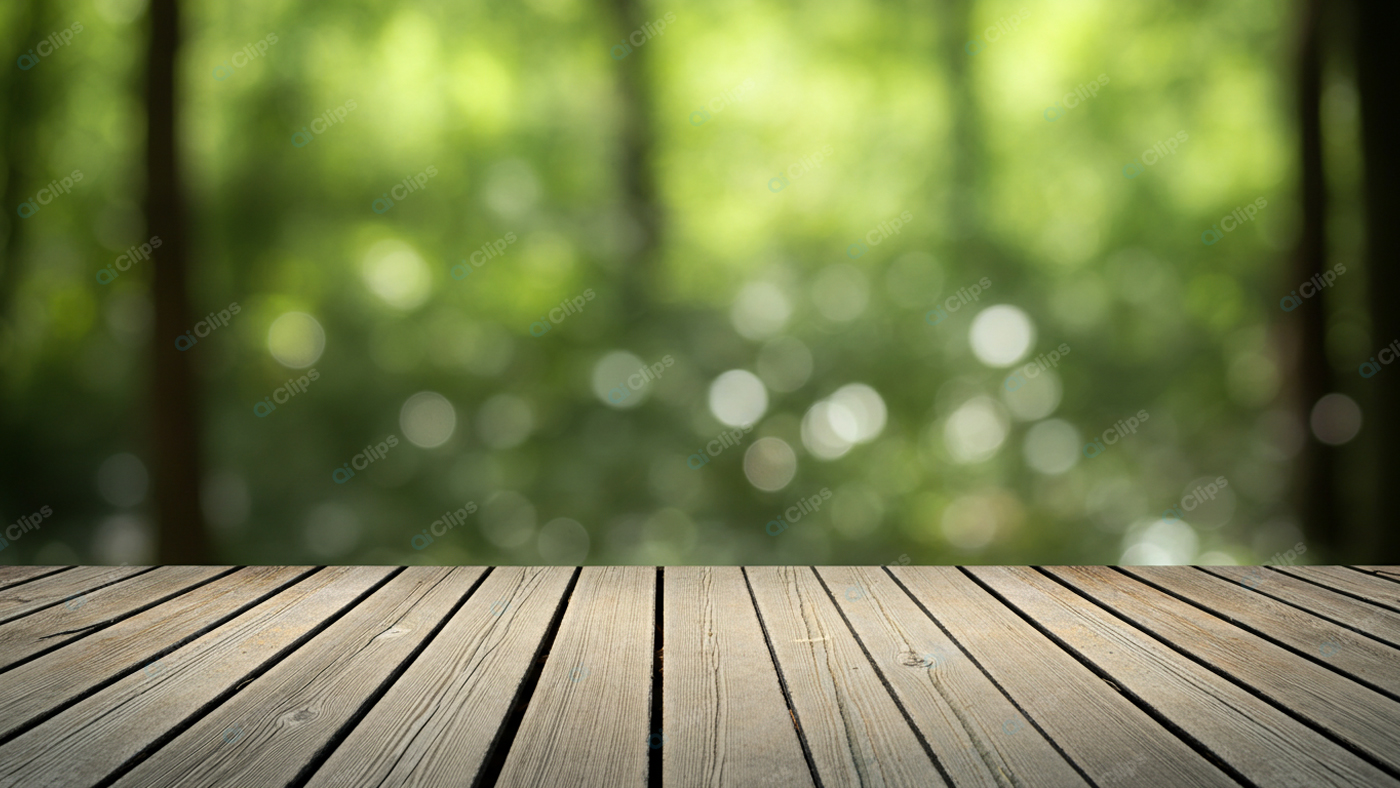Wooden Deck Overlooking Green Forest Bokeh Background