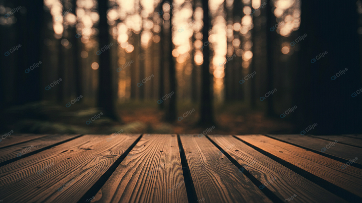 Wooden Deck Overlooking Mystical Forest at Sunset