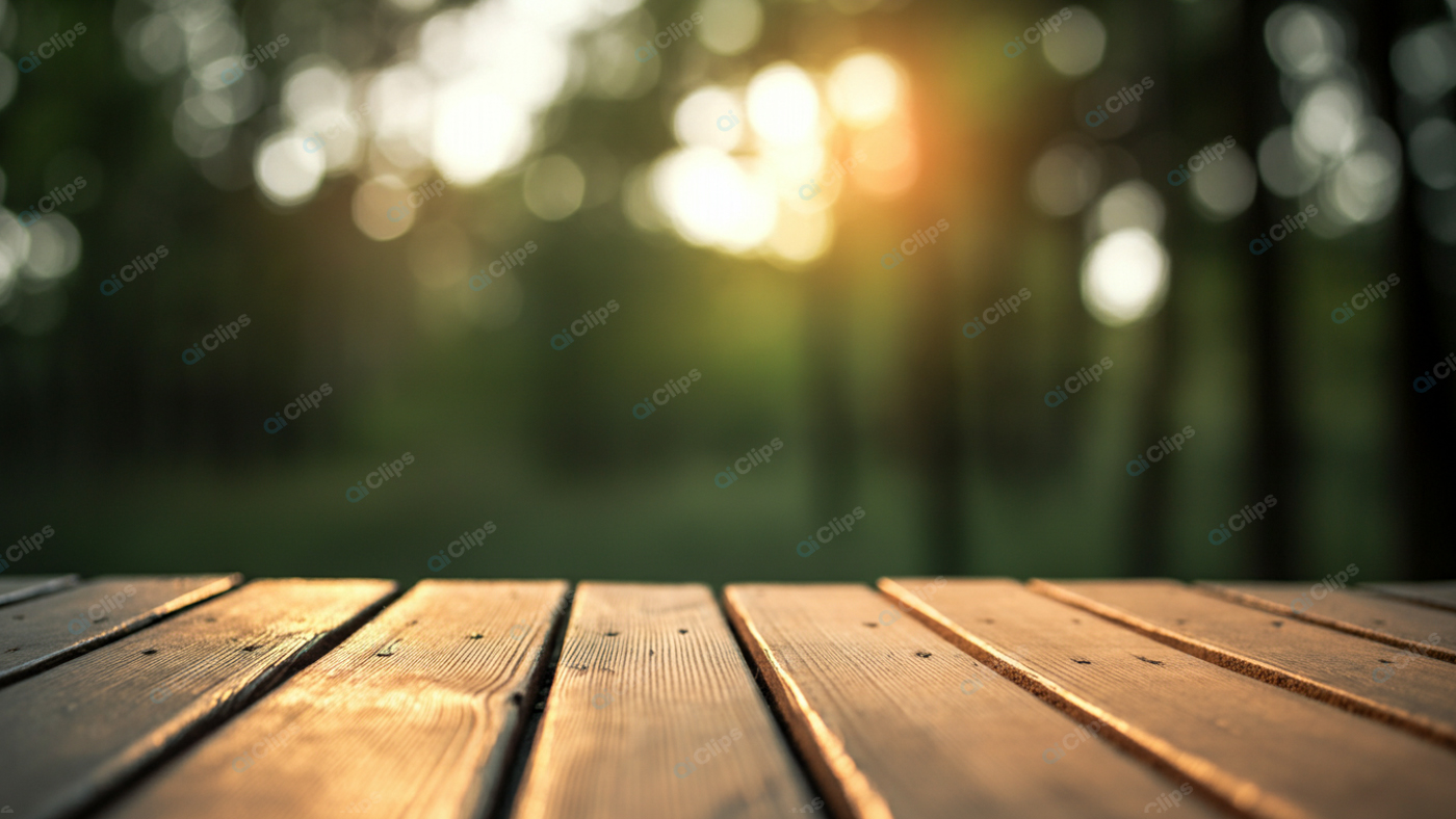 Sunlit Wooden Table in Forest Setting