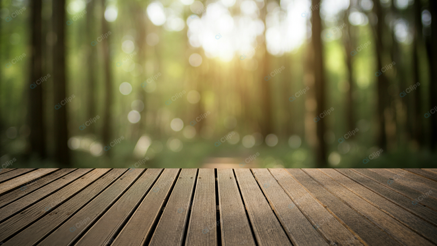 Wooden Deck Overlooking a Sunlit Forest Scene
