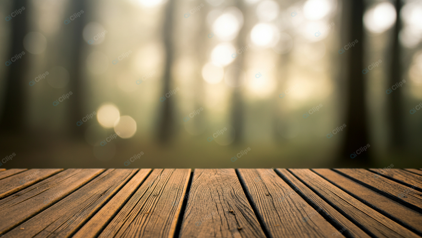 Wooden Deck With Forest Bokeh Background