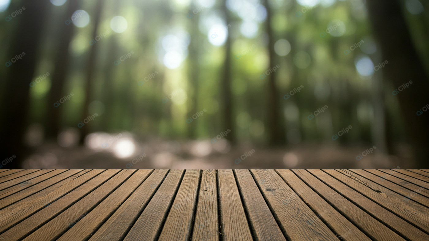 Wooden Deck Overlooking Blurred Forest Background