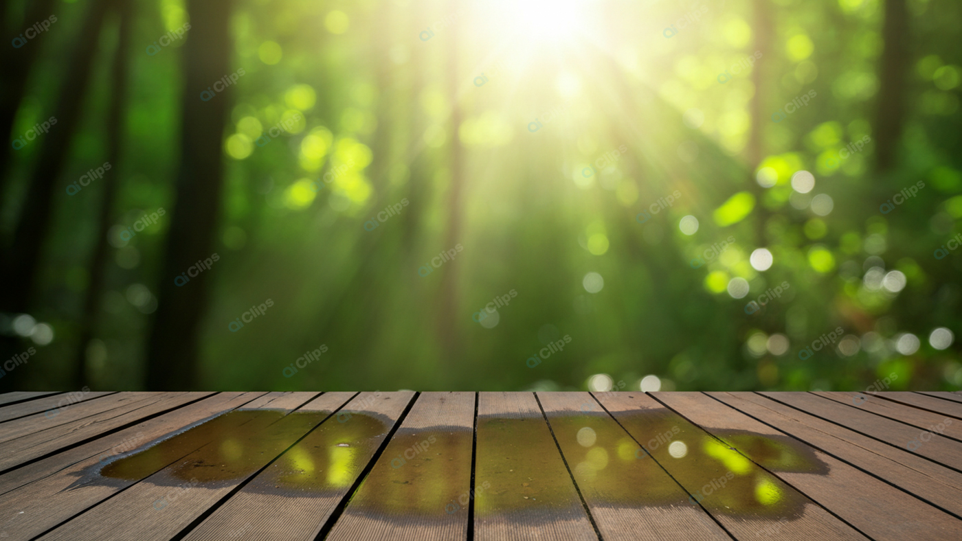 Sunlight Streaming Through Forest onto Wet Wooden Deck