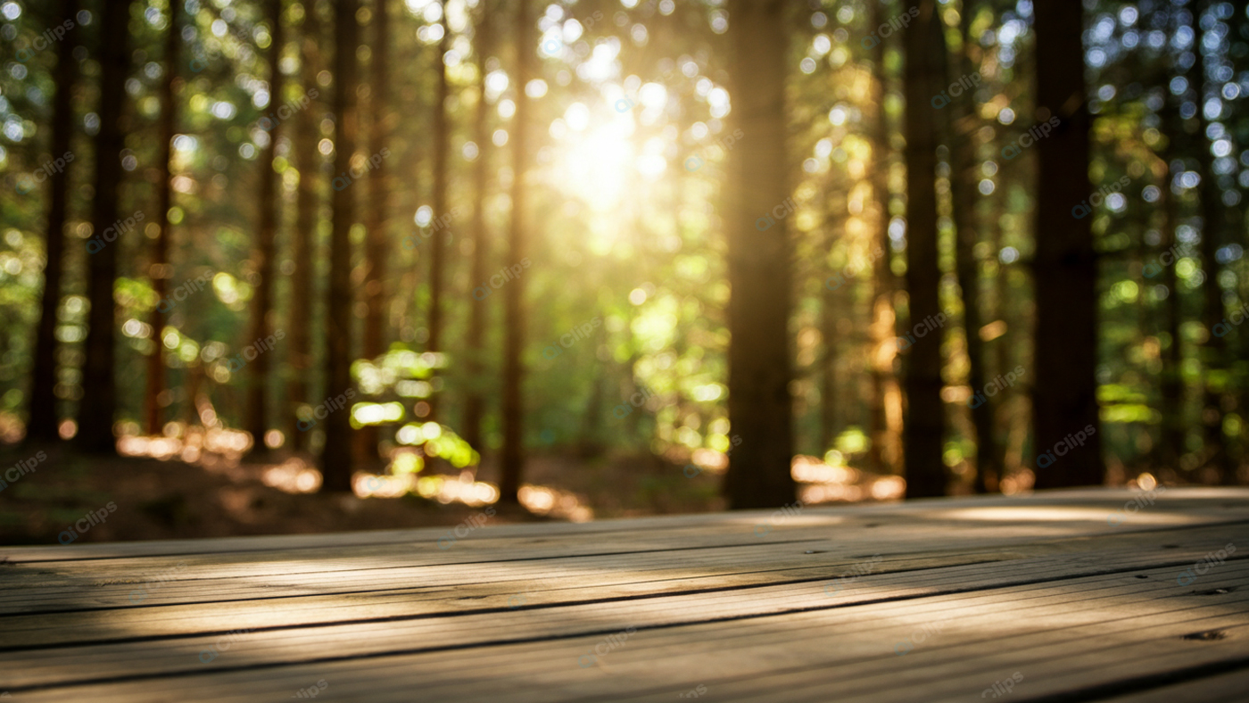 Sunlit Forest with Wooden Deck in Tranquil Setting