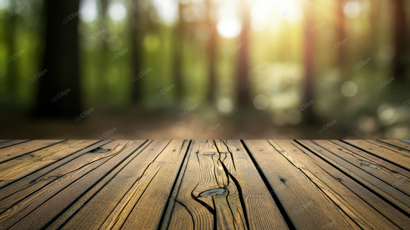 Wooden Table with Forest Background in Sunlight