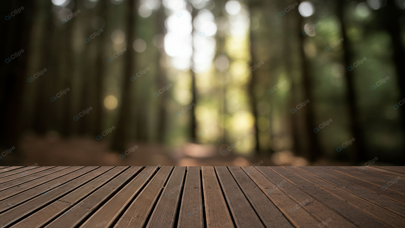 Blurred Forest Background with Wooden Deck